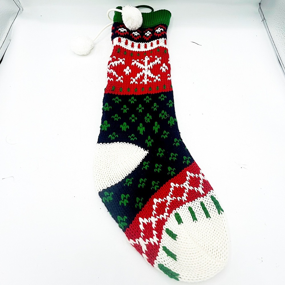 Knit Christmas Stocking 20" Snowflake Design‎ With Pom Poms